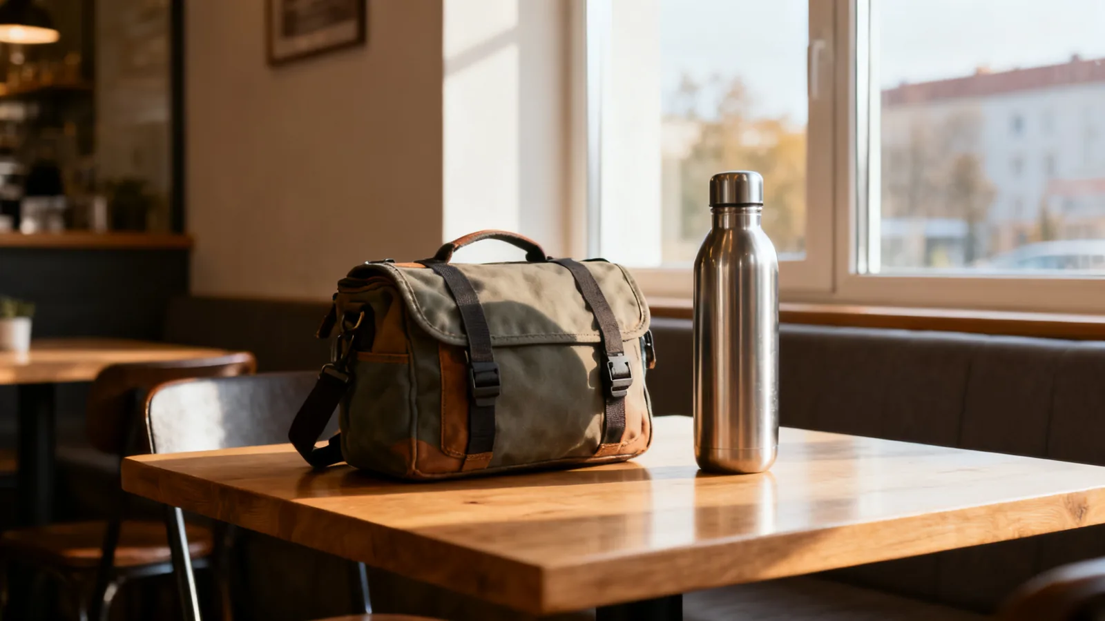 Illustrative day bag on a cafe table