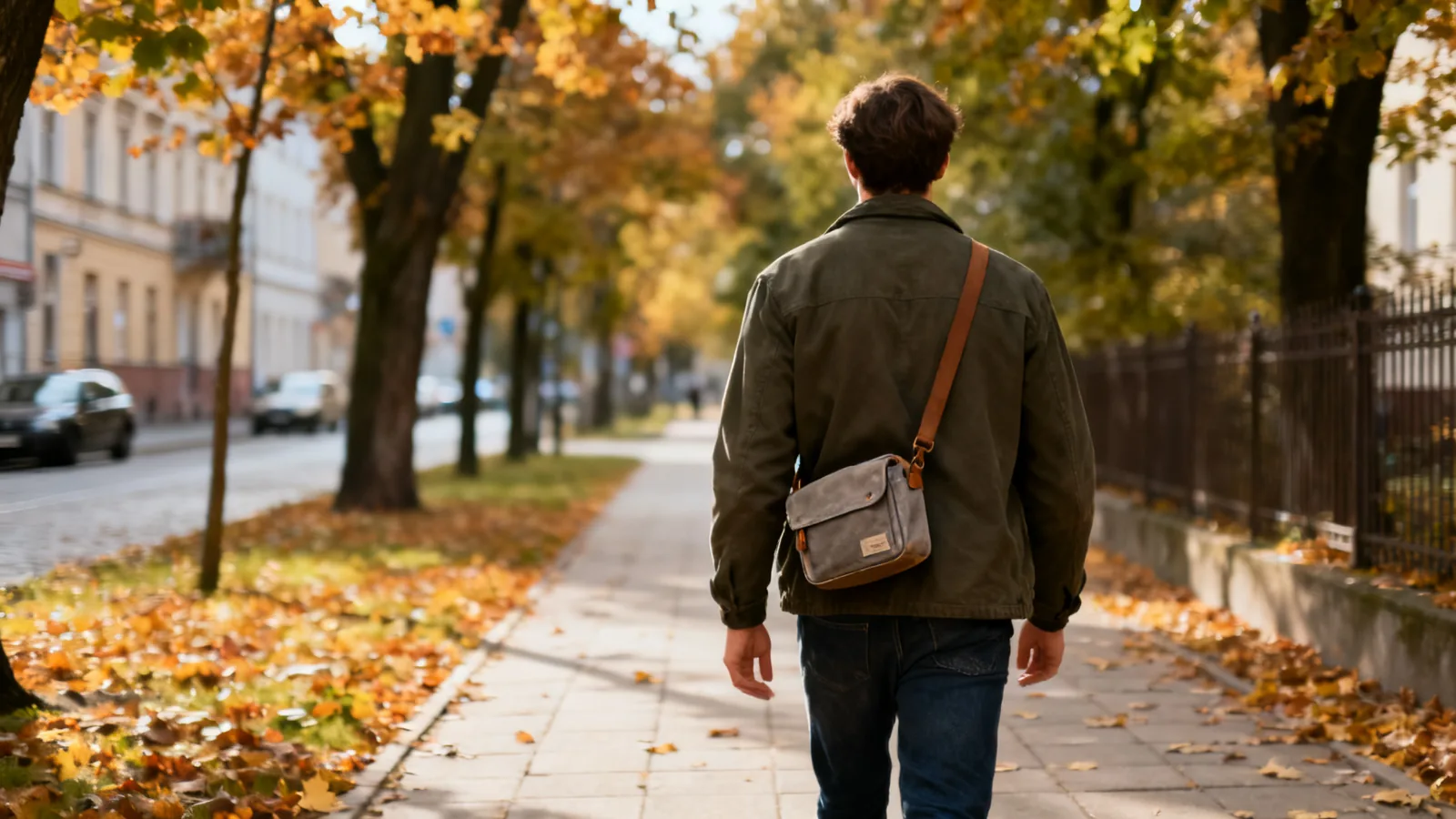 Illustrative traveller walking along an autumn street