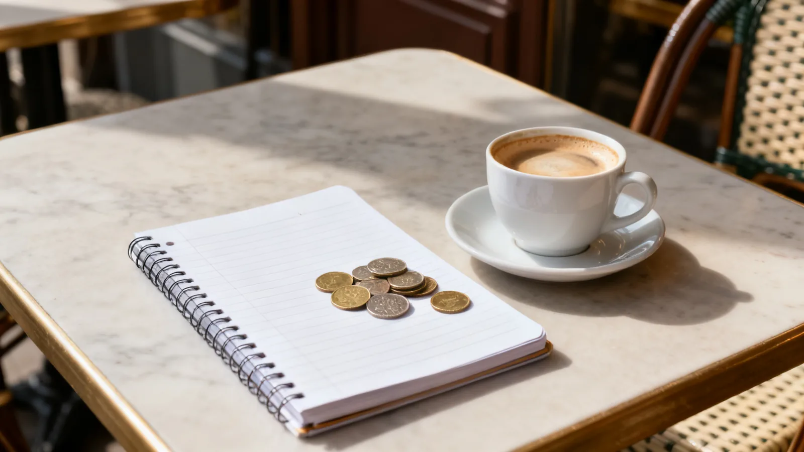Illustrative notebook, loose coins and coffee for travel budgeting