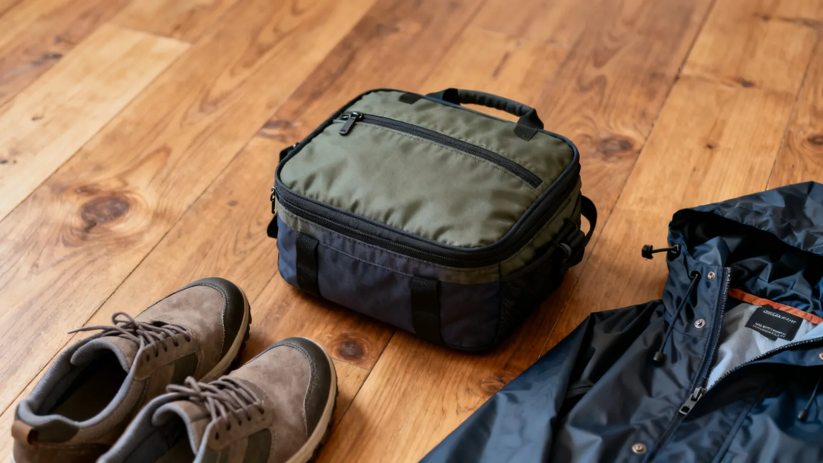 Illustrative travel bag, walking shoes and rain jacket