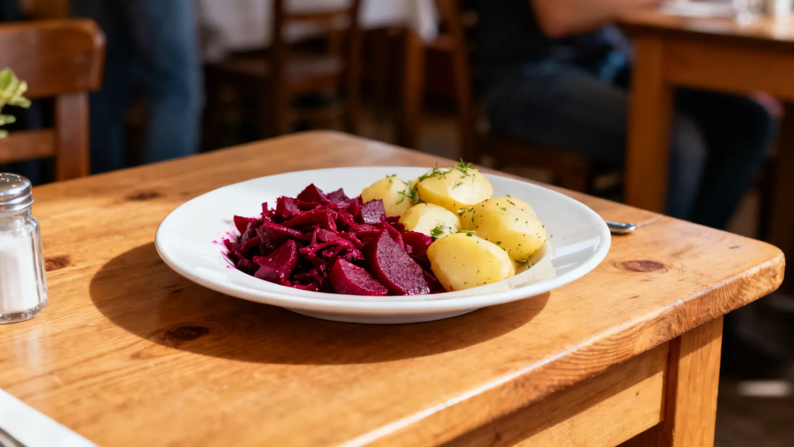 Illustrative plate of beetroot and potatoes in a café